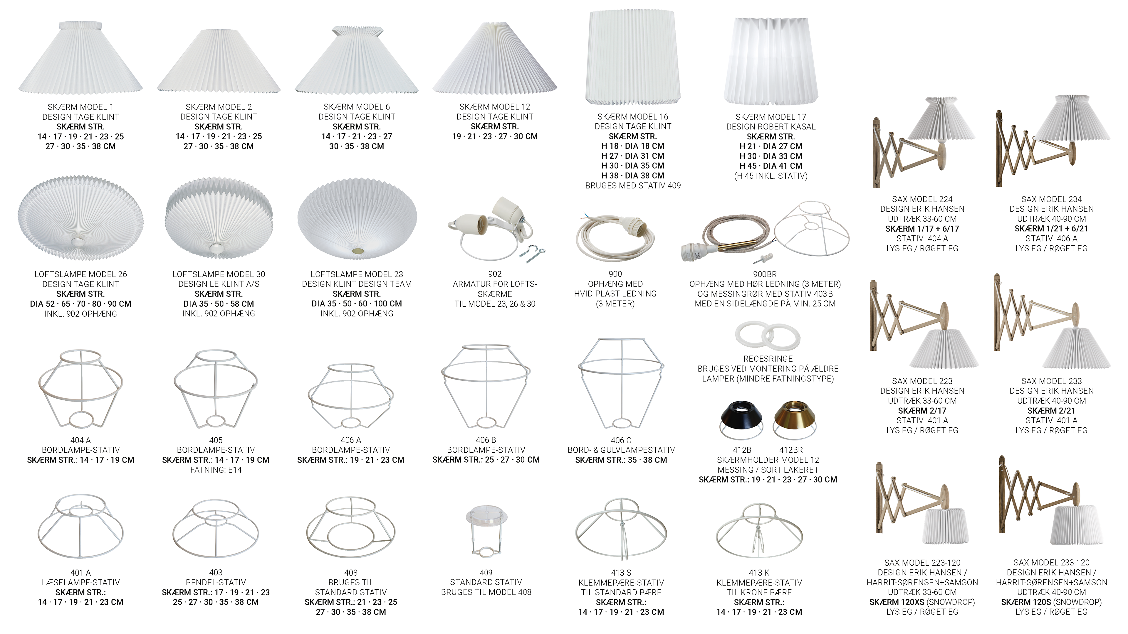 oversigt over skærmguide af Le Klint special stativer til lampeskærme
